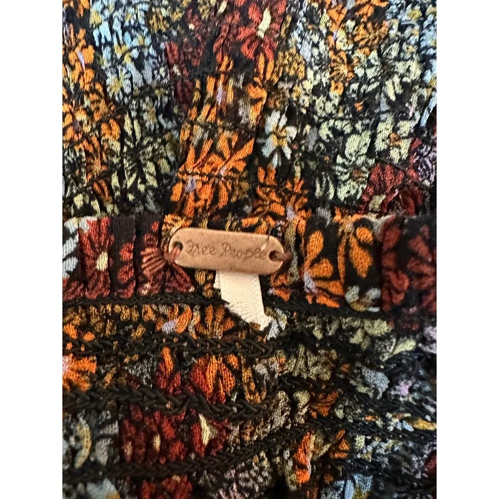 Free People Smocked Floral Puff Sleeve Top Square Neck Boho Multi-Color Casual S
